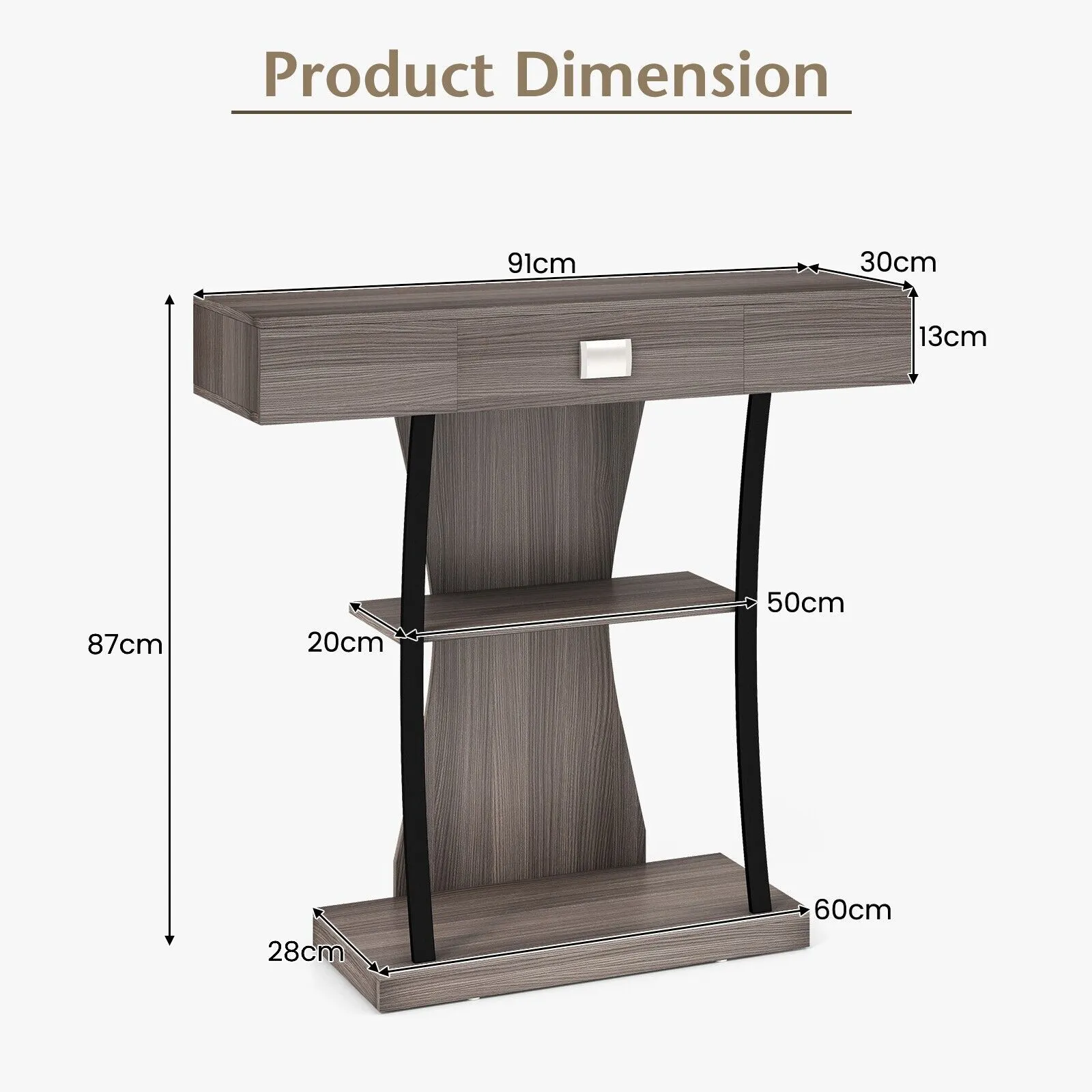 Costway T Shaped Industrial Console Table Narrow Sofa Side Table Entryway Display Shelves in Grey 6