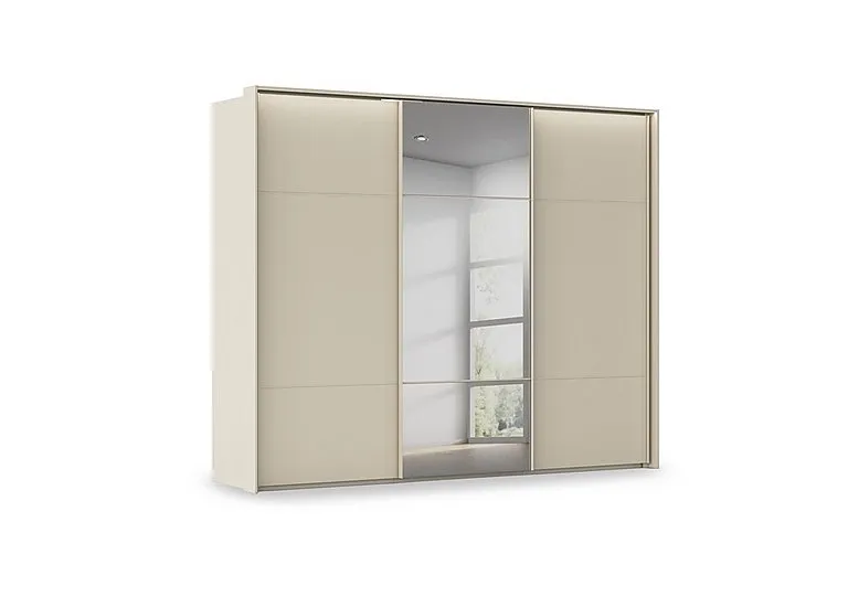 Haven 280cm 3 Door Slider Wardrobe with 2 Décor Doors, 1 Mirror Door and Lights