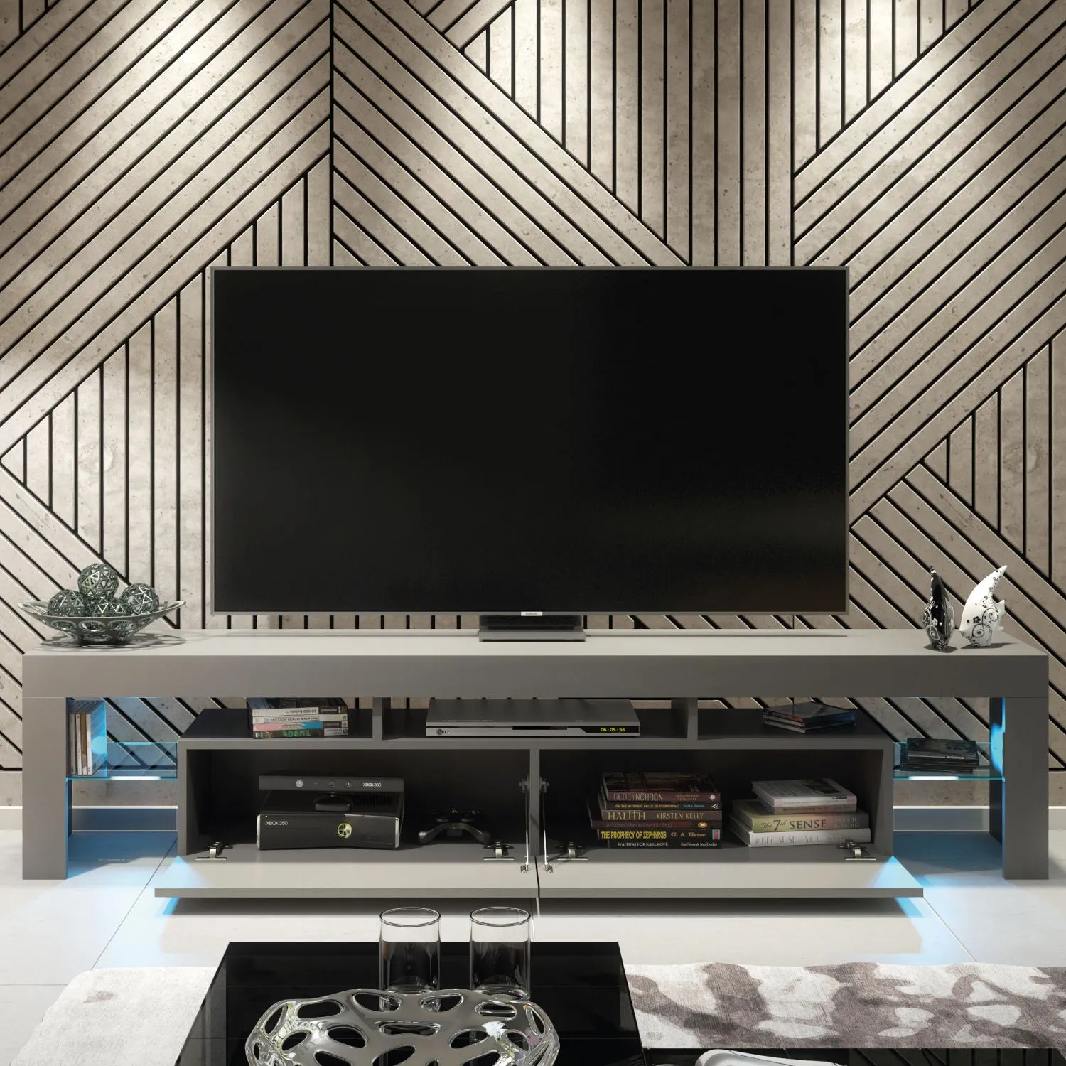 Creative Furniture Nova TV Unit 200cm - A Spacious & Modern Cabinet with Gloss Doors & LED Lights in Dark Grey 2