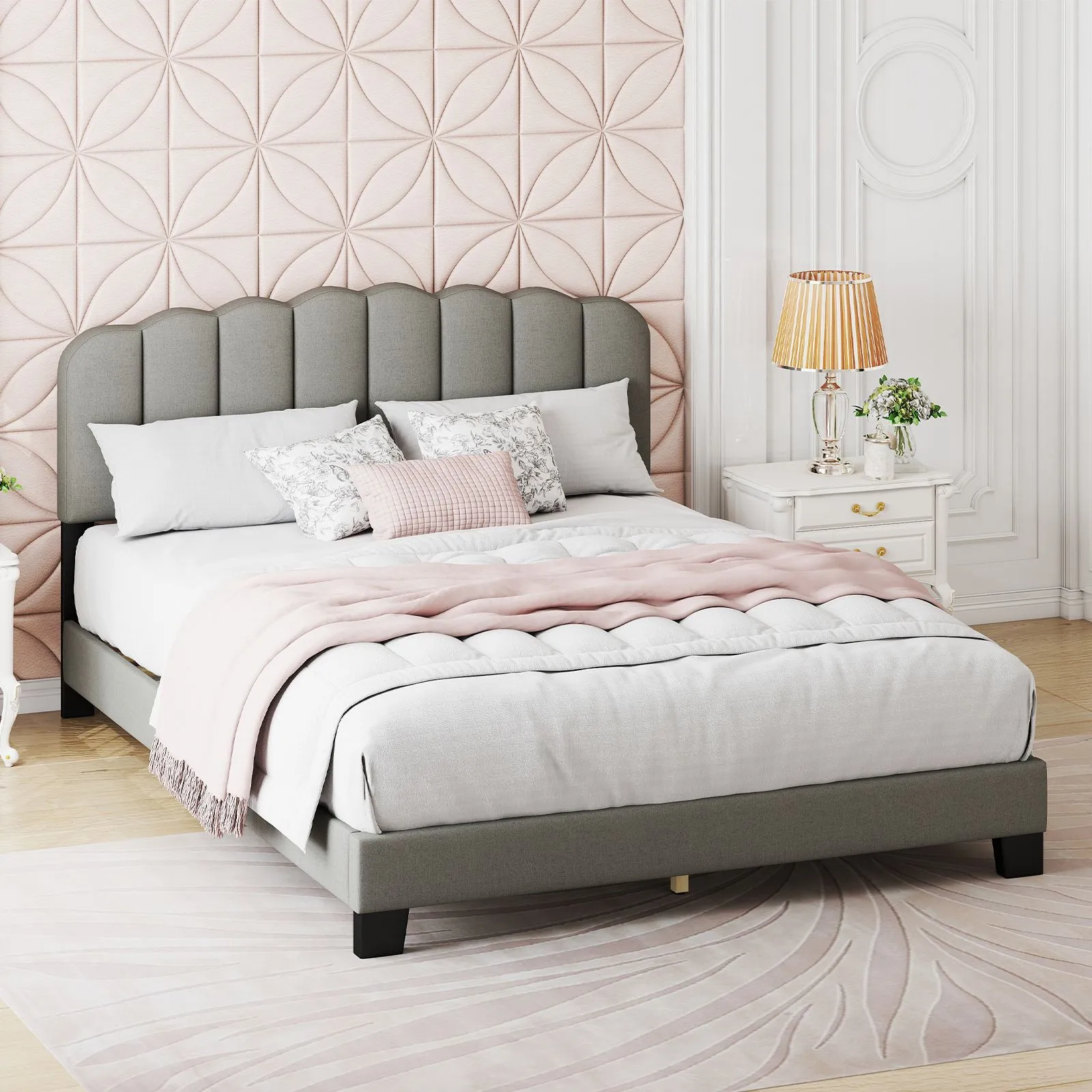 Costway Double Size Bed Frame Linen Upholstered Platform Bed in Grey 3