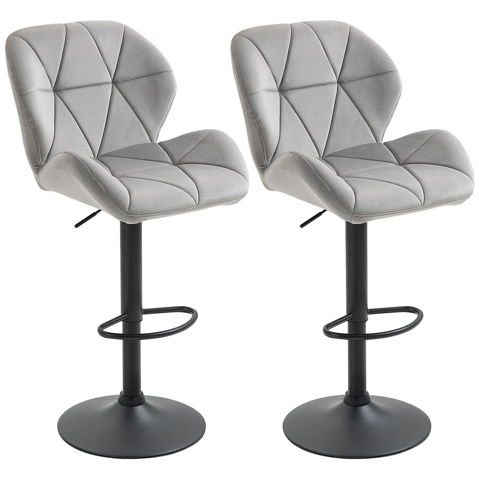 HOMCOM Velvet Bar Stools Set of 2 Back Padded Swivel Chairs for Breakfast in Light Grey 2