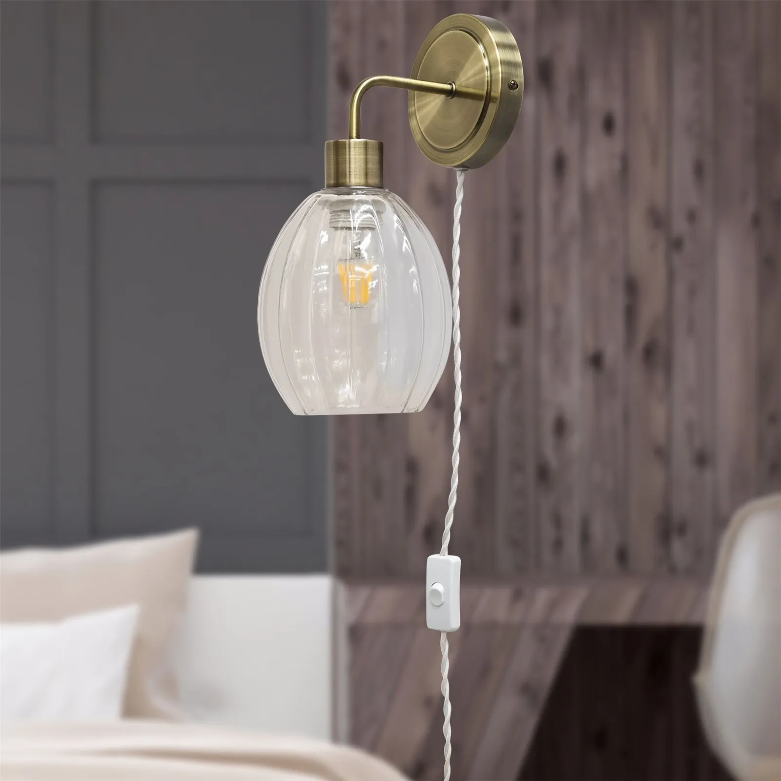 First Choice Lighting Set of 2 Toby - Antique Brass Plug in Wall Lights Fluted Shades in Gold 4