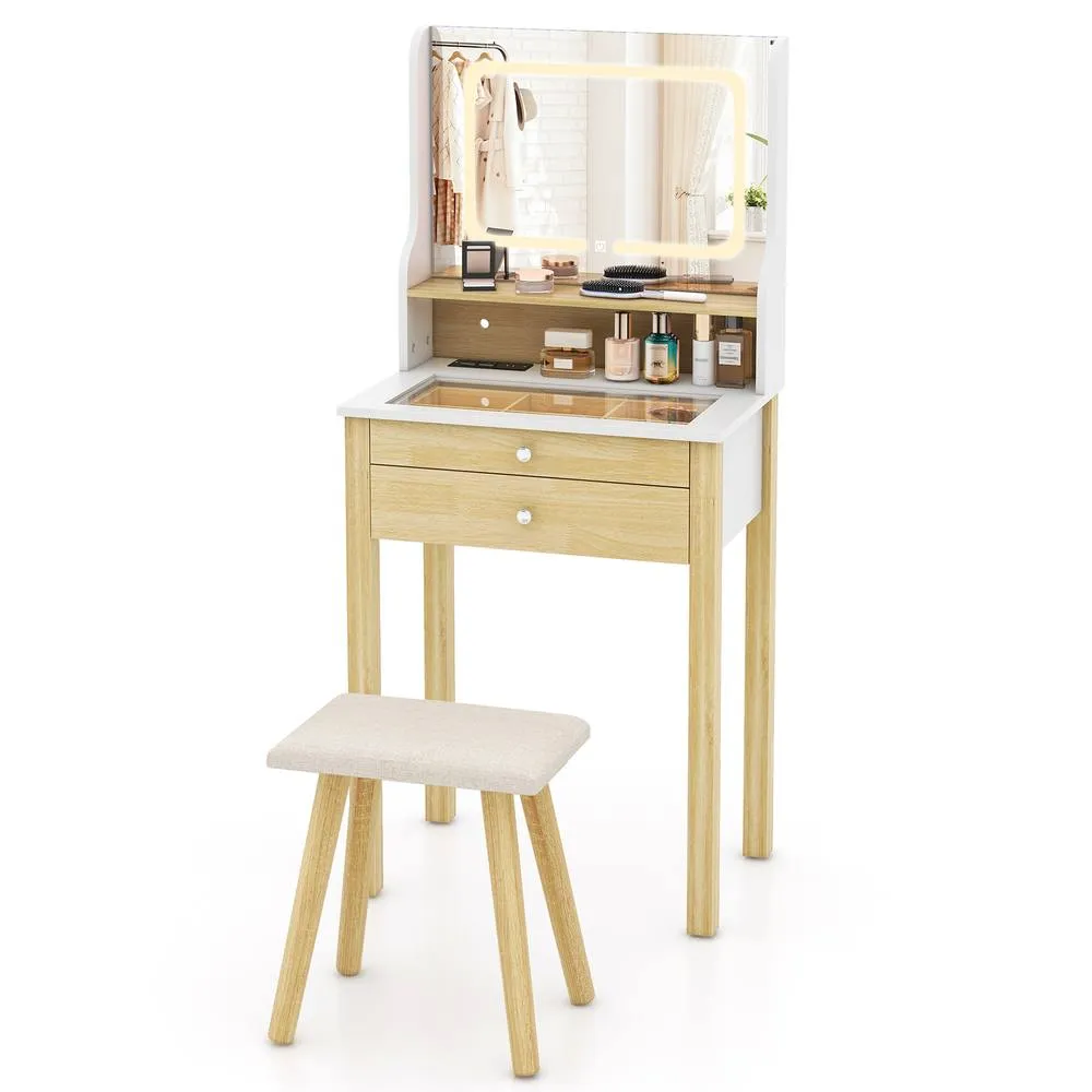 Costway Vanity Desk with Mirror & Lights Small Makeup Table w/3 Light Modes in White