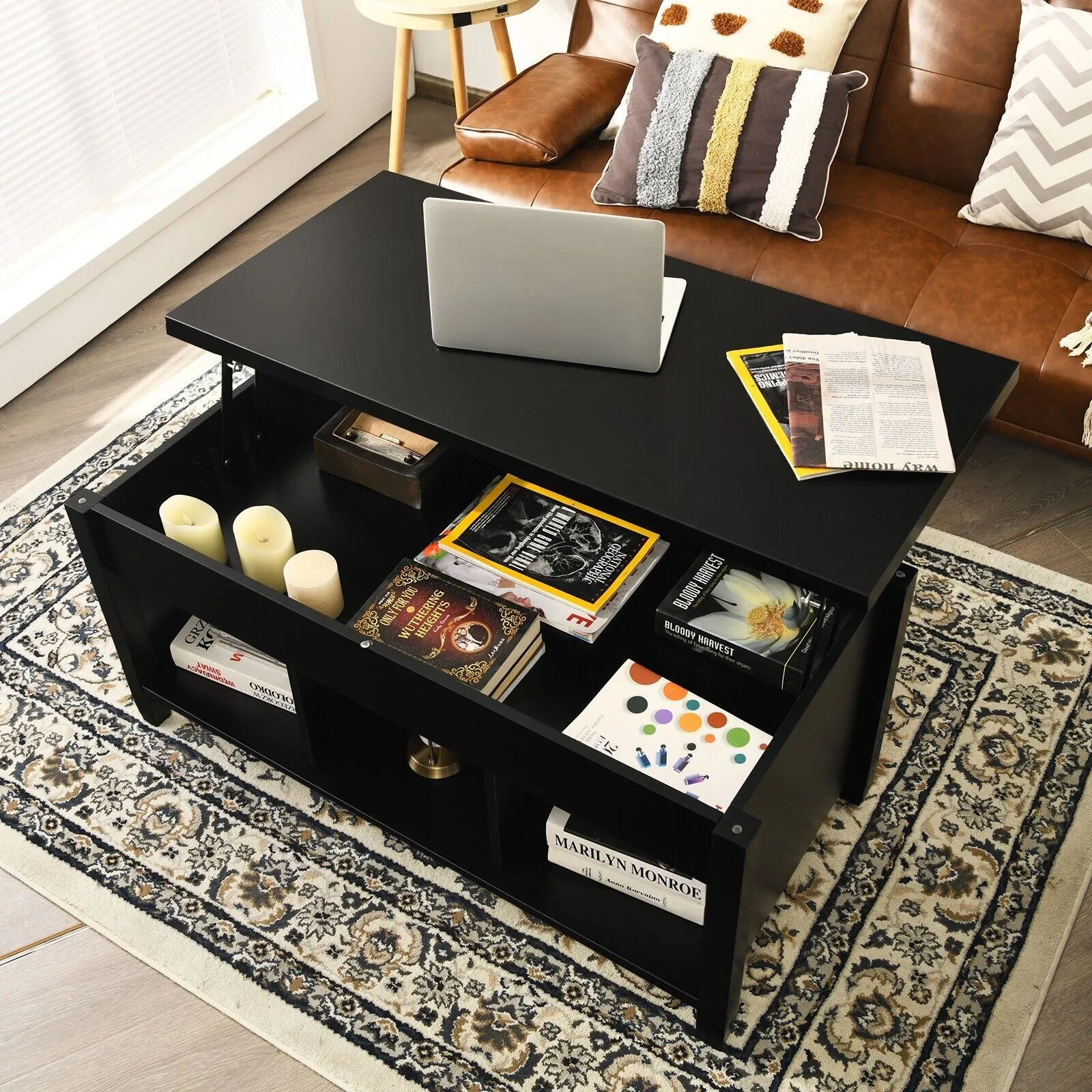 Costway Lift Top Coffee Table Modern Wooden Lift Top Dining Cocktail Table Living Room in Black 5
