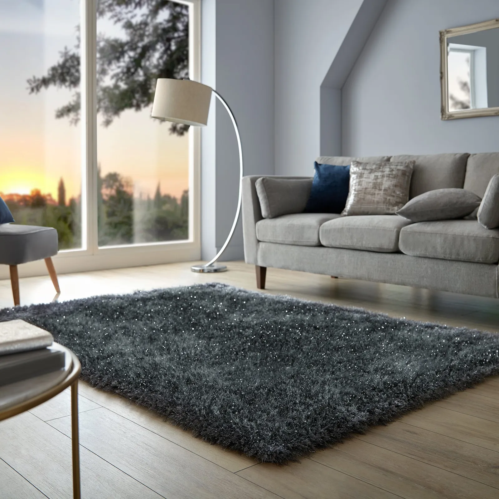 Riviera Sparkle Shaggy Rug Charcoal