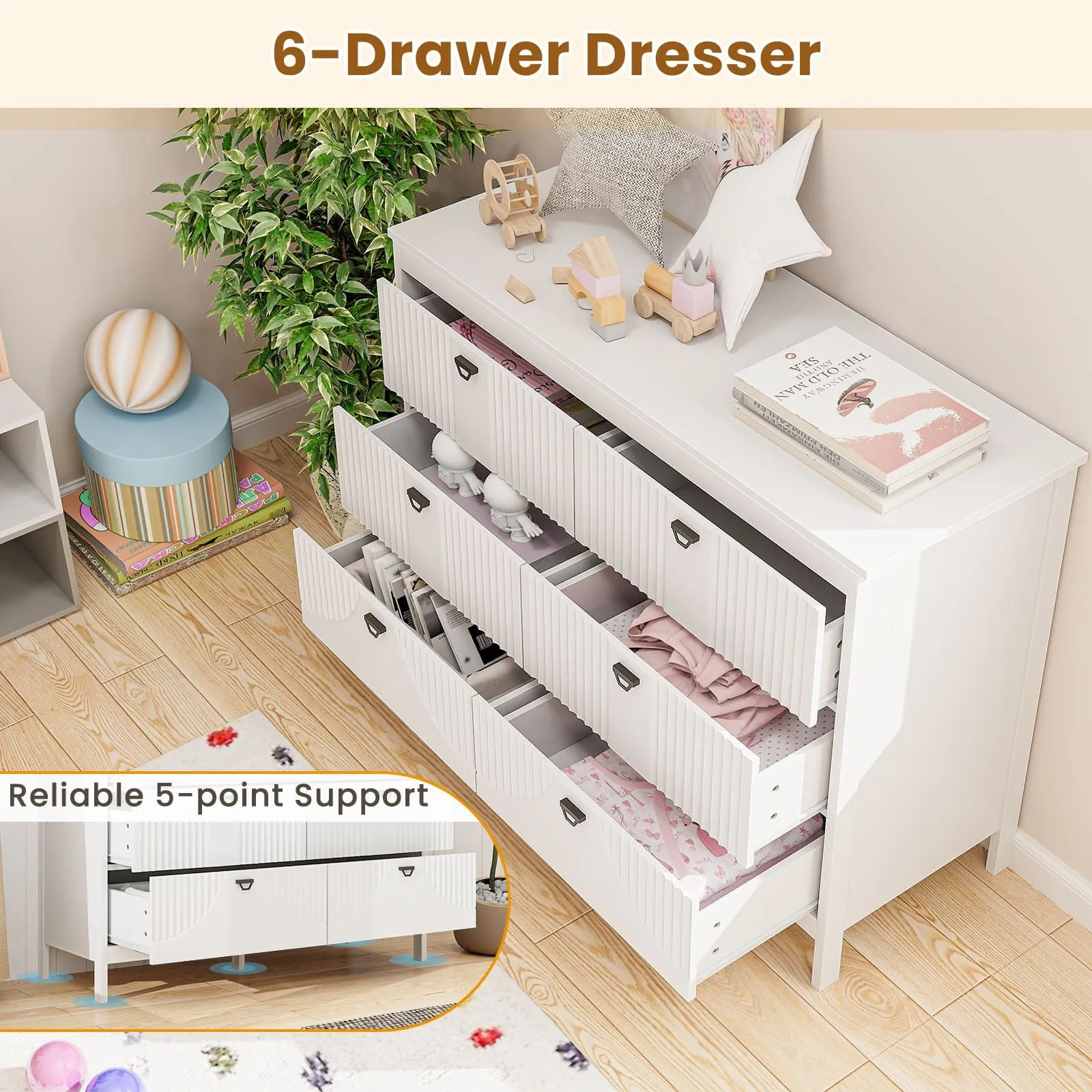 Costway 6-Drawer Dresser Bedroom Modern Style Chest of Drawers-White in White 5