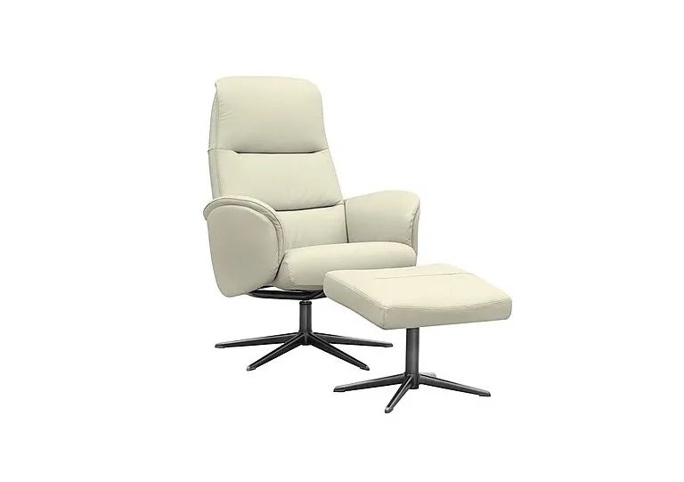 Falum Leather Swivel Recliner Chair and Footstool with Black Base - Cambridge Chalk