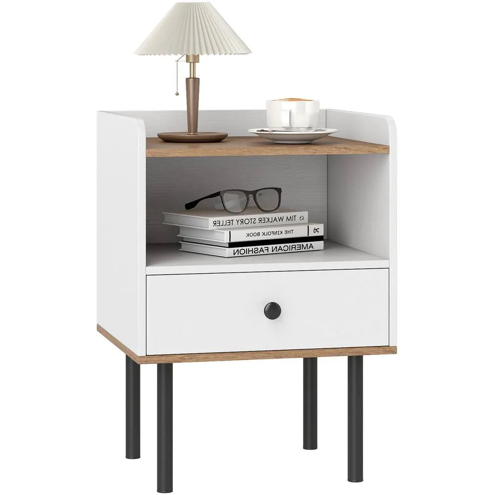Costway 1 Pcs Nightstand Bedside Table with Drawer & Open Storage Shelf-White in White 4