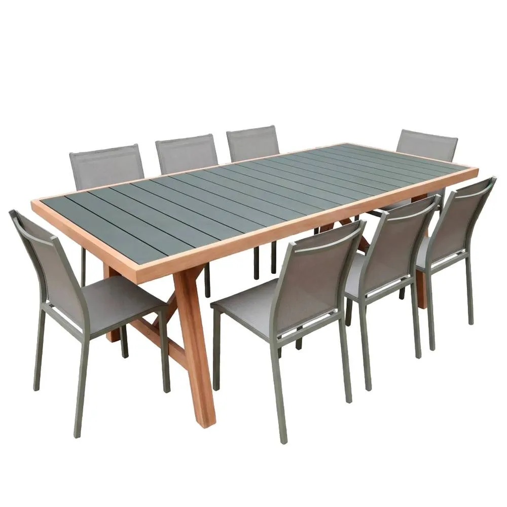 sweeek Acacia wood & aluminium garden table + 8 chairs in Khaki 2