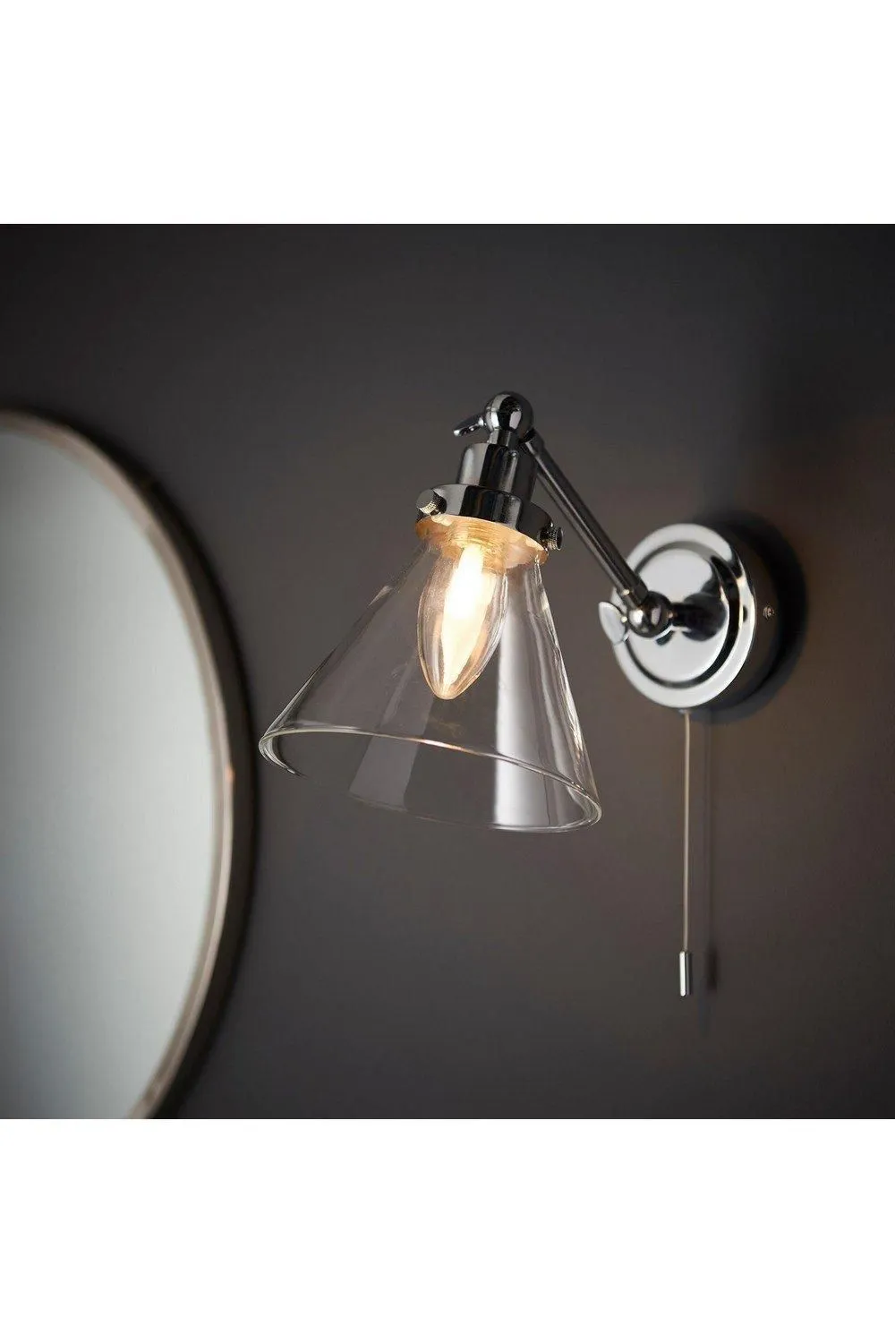 Netlighting Faraday Bathroom Adjustable Dome Wall Light with Pull Cord Chrome Glass Shade in Grey 2