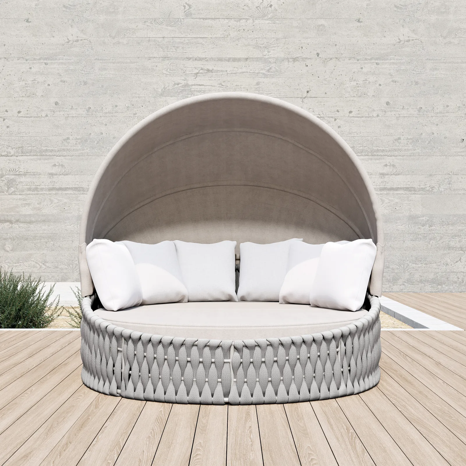 Cocaro Round garden Polyrattan sun island with roof and weatherproof cover in light grey