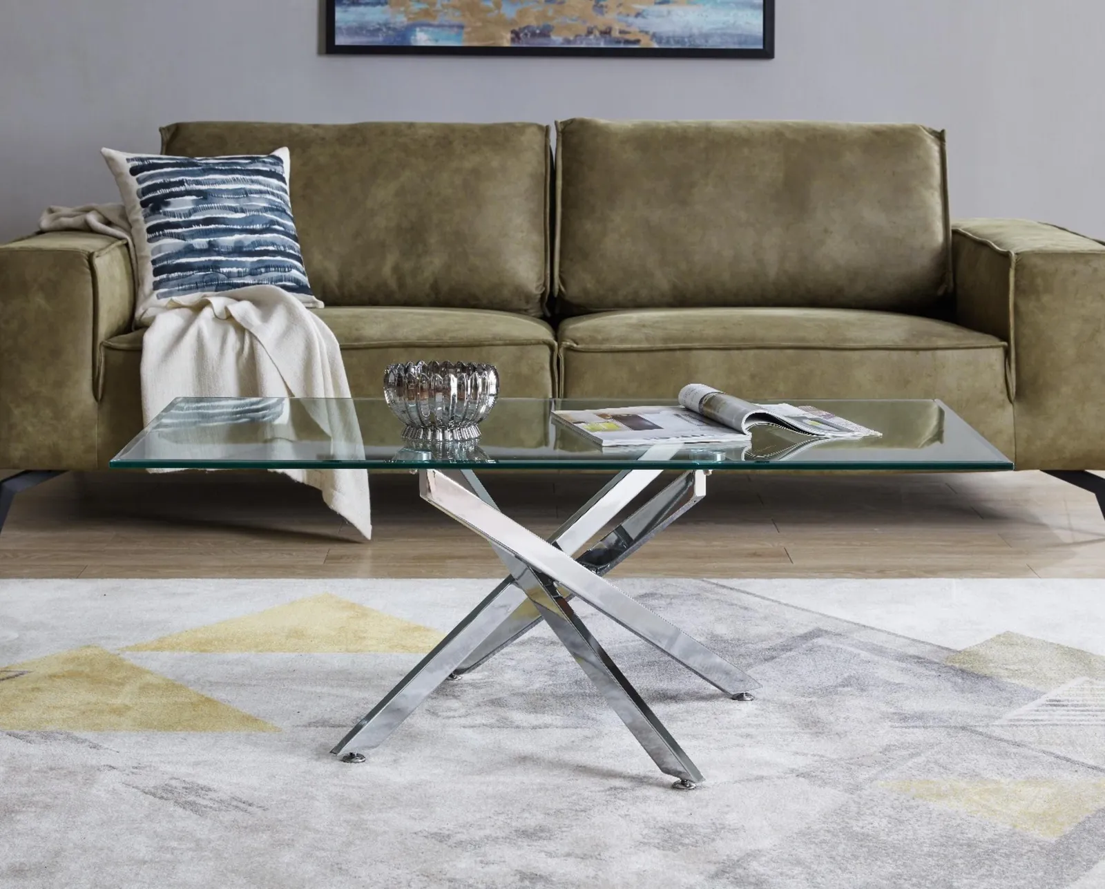 FurnitureboxUK Leonardo Rectangular Glass Coffee Table with Metal Angled Starburst Legs for Modern Living Rooms in Silver 2