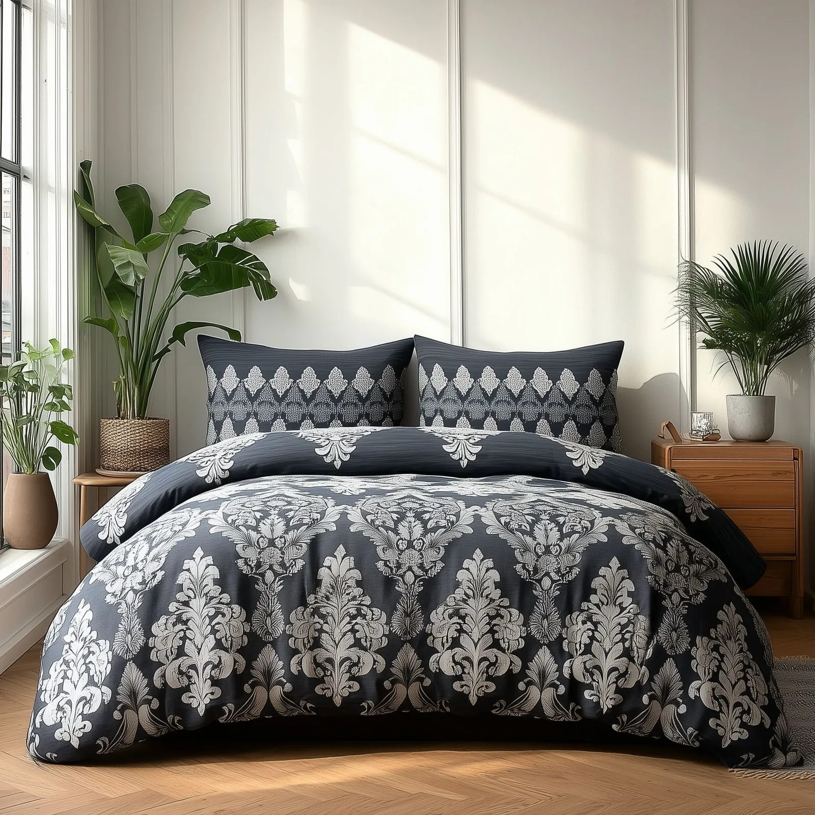 Snug City Duvet Cover & Pillowcase Set Stripe & Floral Polycotton Bed Linen in Black