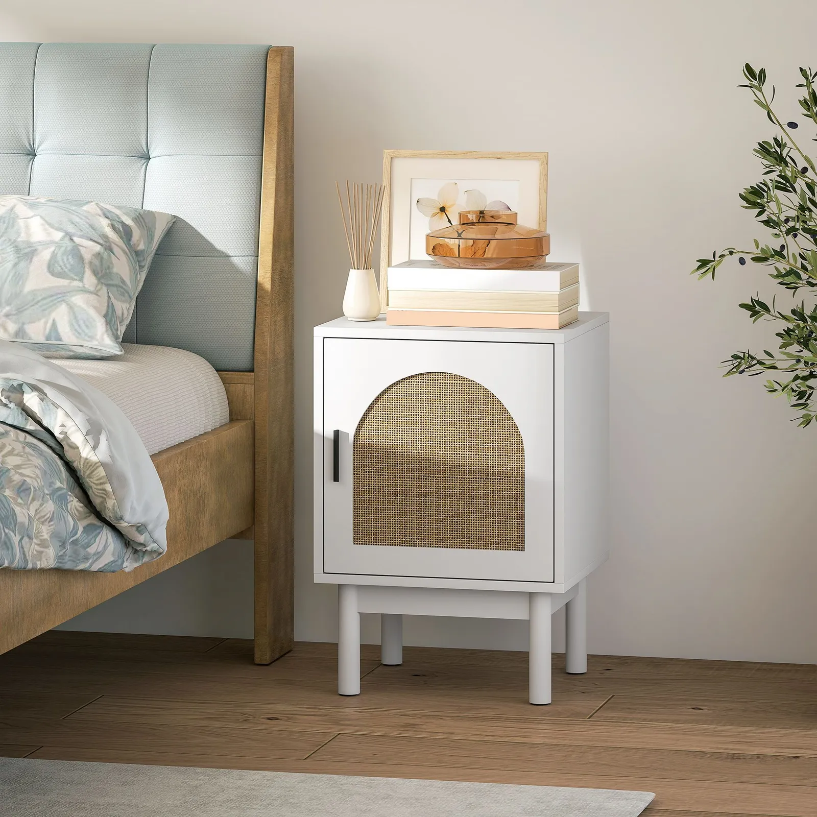 HOMCOM Boho Bedside Table with Rattan Door & Adjustable Shelf in White