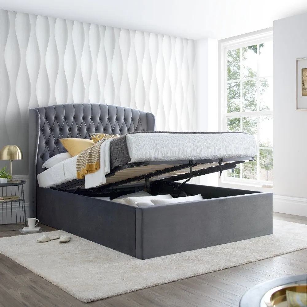 Warwick Grey Velvet Fabric Ottoman Bed Frame - 4ft Small Double