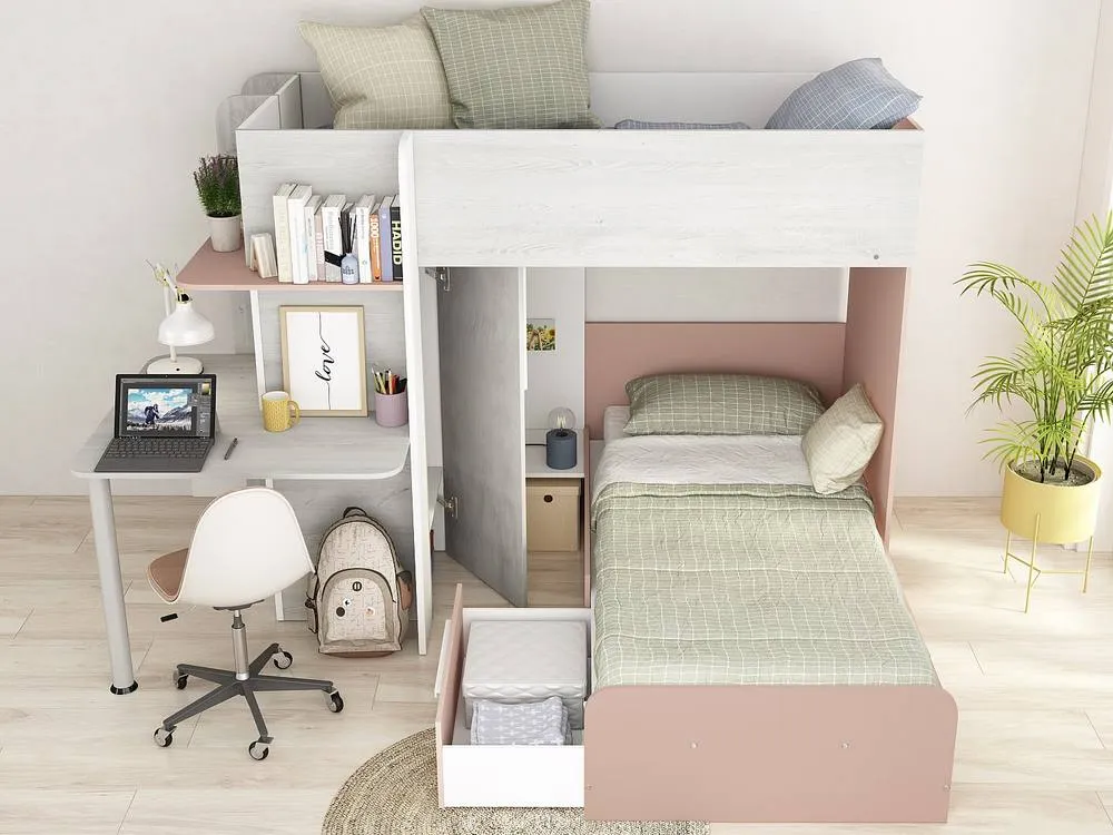 Vente-unique Corner Bunk Beds 2 X 90 X 190 Cm - With Desk - Grey, White & Pink in Light Grey 4