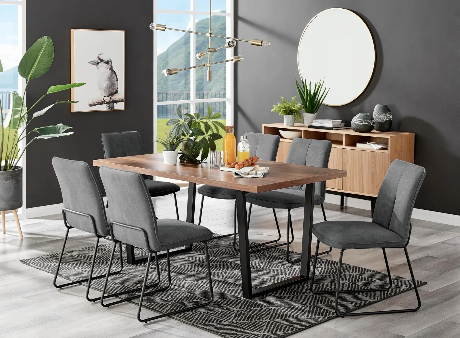 FurnitureboxUK Kylo Large Brown Wood Effect Dining Table & 6 Cream Halleyy Fabric Chairs in Dark Grey