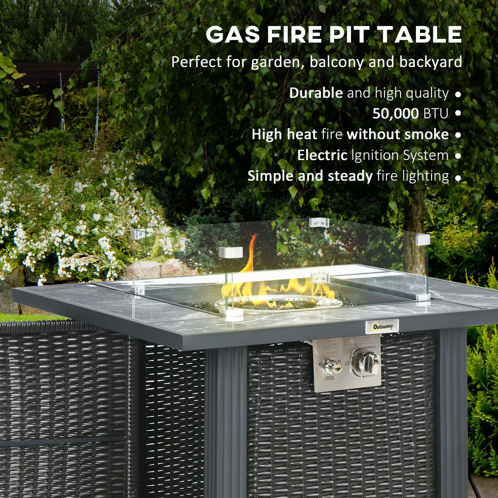OUTSUNNY Rattan GFire Pit Table with Rain Cover, Windscreen & Glass Stones, 50, 000 BTU in Black 4