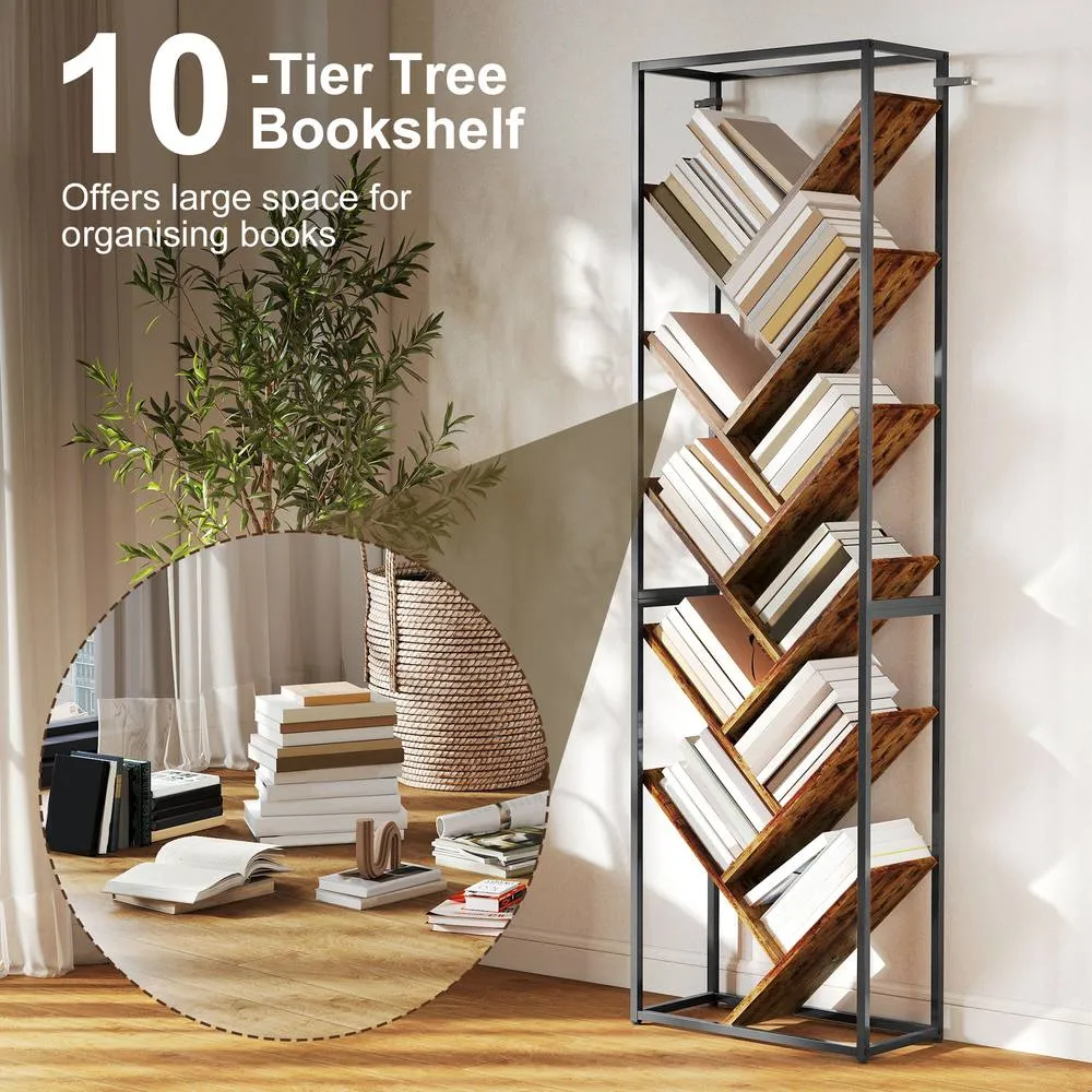 HOMCOM 10 Tier Tree Bookshelf Industrial Tall Bookcase Rustic Brown Black 4