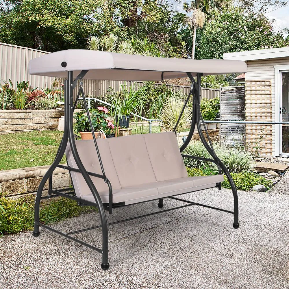 Costway Garden Patio Swing Chair 3 Seater Hammock Bench Convertible Canopy Cushion Seats in Beige
