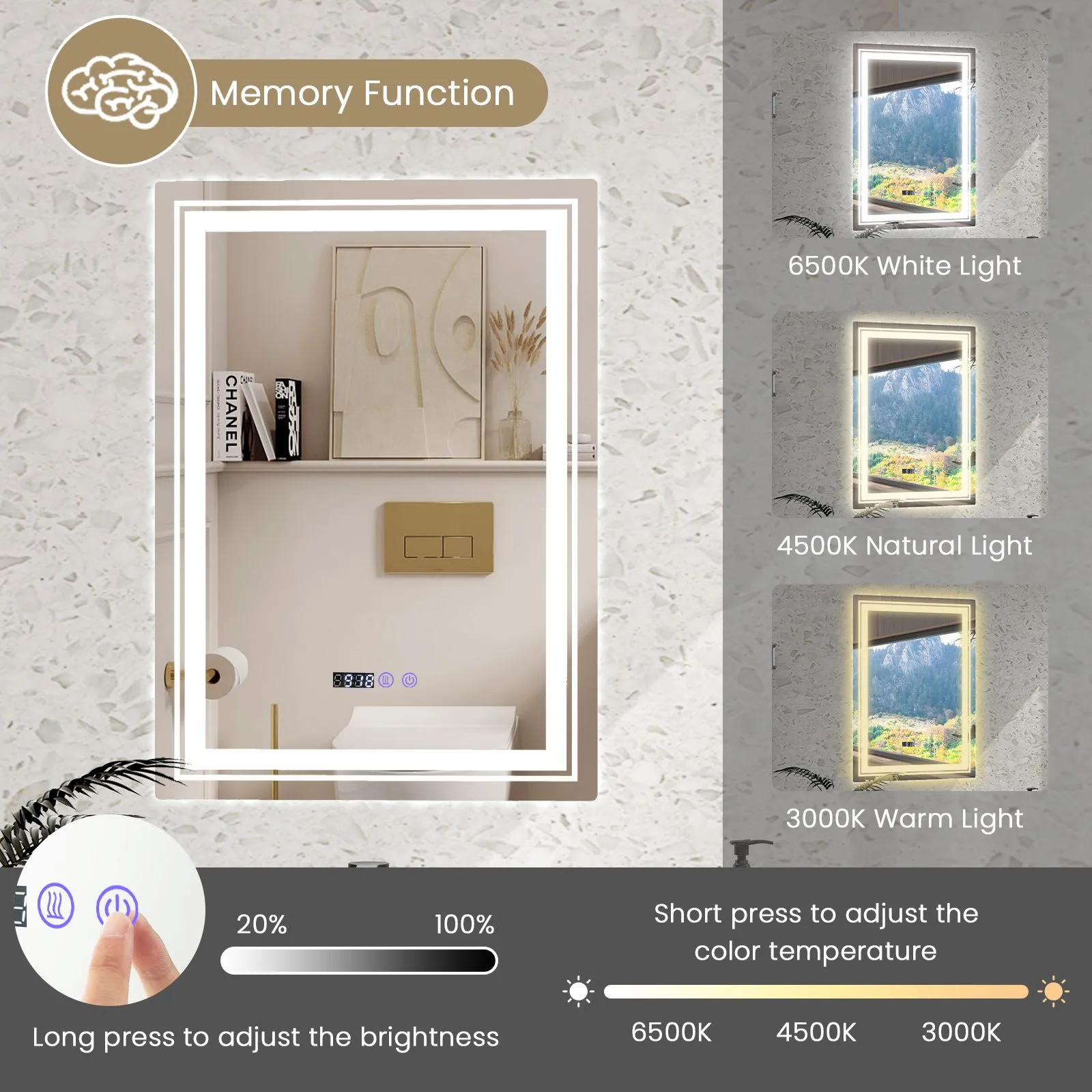 Costway Bathroom Led Vanity Mirror Dimmable Vanity Wall Mirror with 3 Colors 3000-6500K Anti-Fog in Silver 2