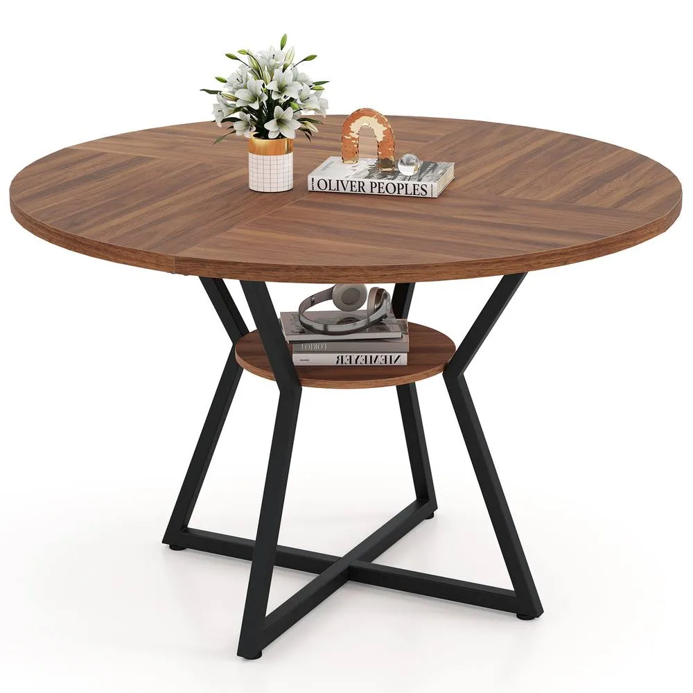 Costway Round Wooden Kitchen Table Dining Table w/ Storage Shlef in Brown
