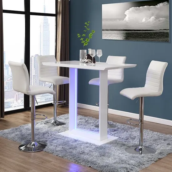 Atlantis White Gloss Bar Table With LED And 4 Ripple White Stool