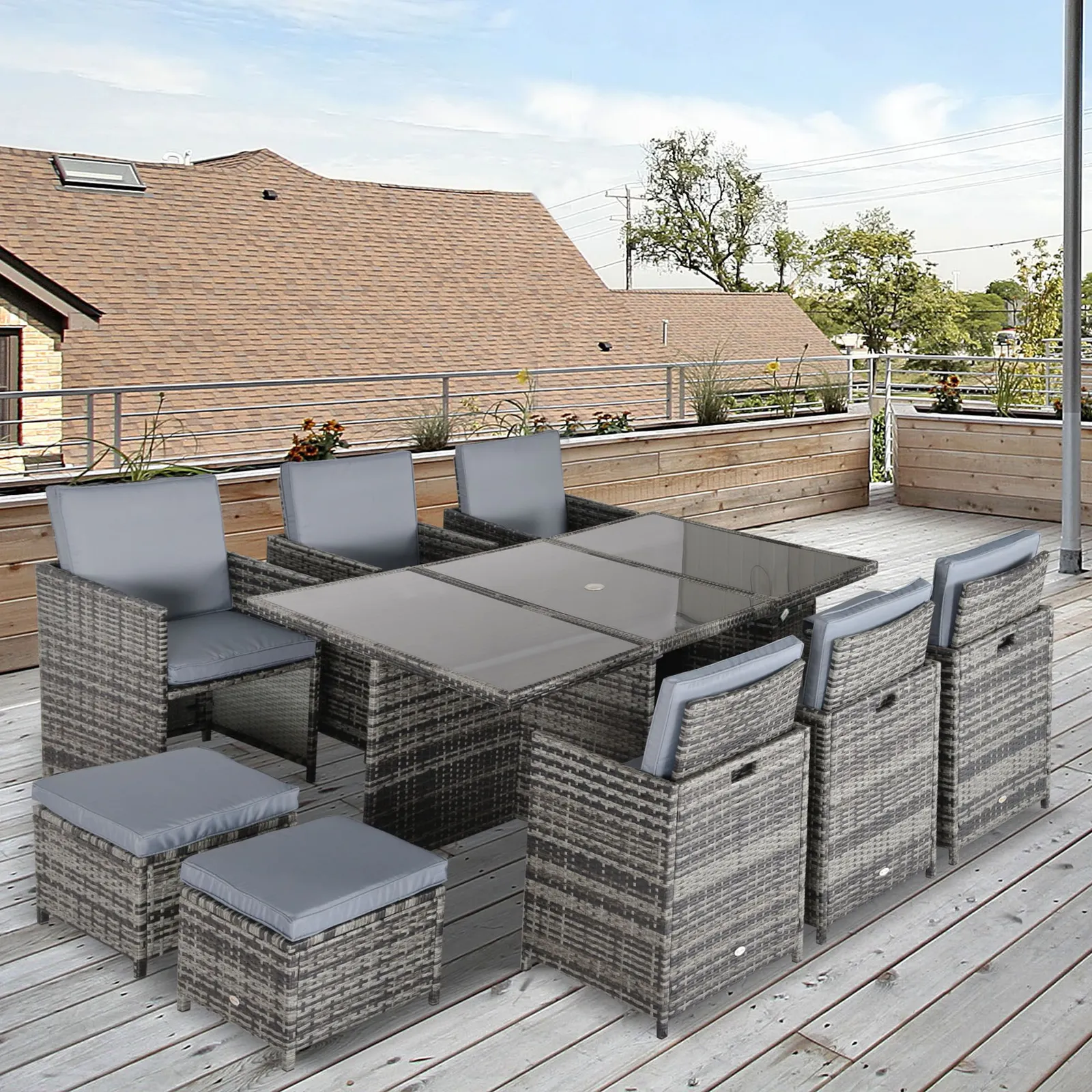OUTSUNNY 11PC Garden Rattan Dining Set Cushion Patio Table Chair Conservatory in Grey