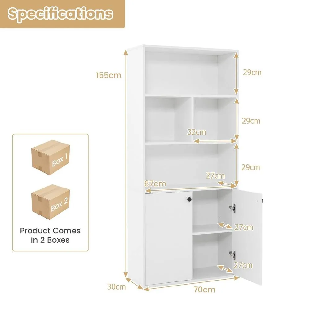 Costway 5-Tier Bookcase w/ 2 Doors 155 CM Tall Bookshelf Display Cabinet in White 2