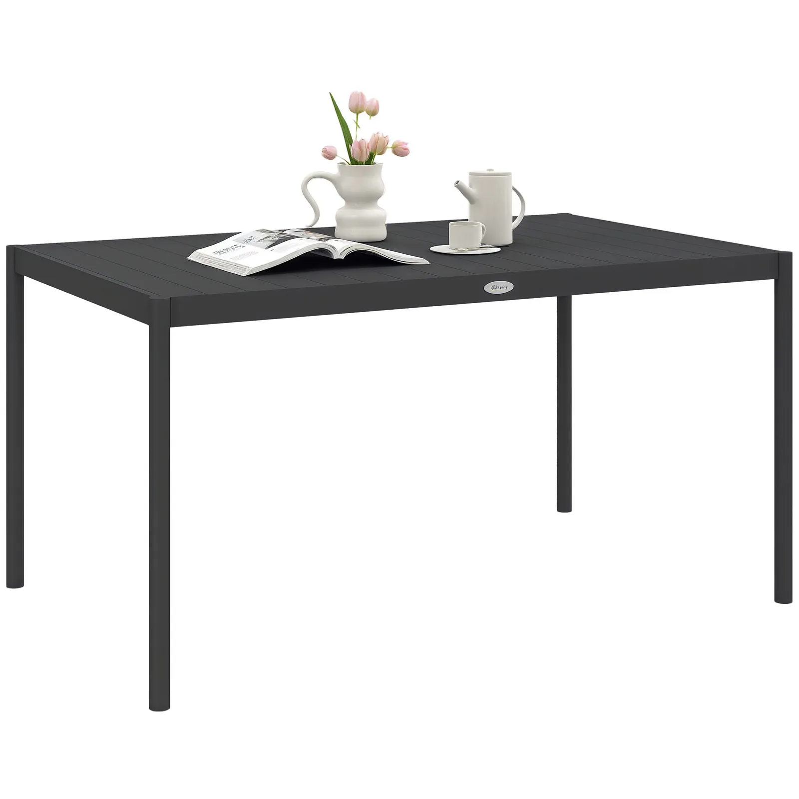 OUTSUNNY 57" Garden Table with Aluminium Frame, Slatted Design in Dark Grey 2