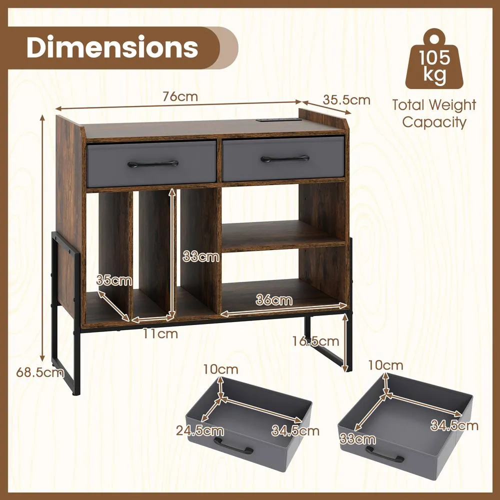 Costway Record Player Stand w/Charging Station 2 Drawers Vinyl Storage Cabinet in Brown 2