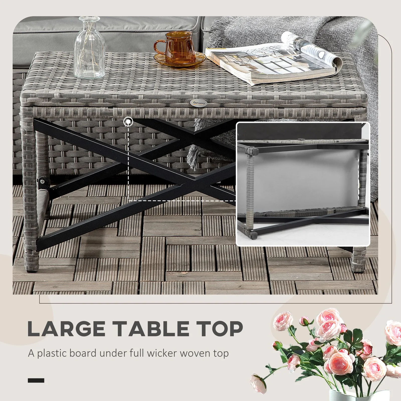 OUTSUNNY Outdoor Coffee Table, PE Rattan Side Table w/ Plastic Board in Grey 6