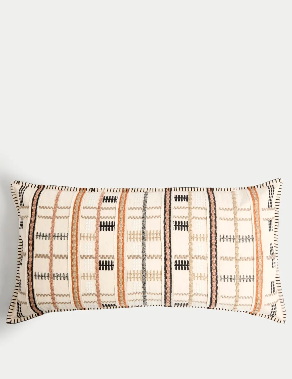 M&S Pure Cotton Grid Embroidered Bolster Cushion Neutral