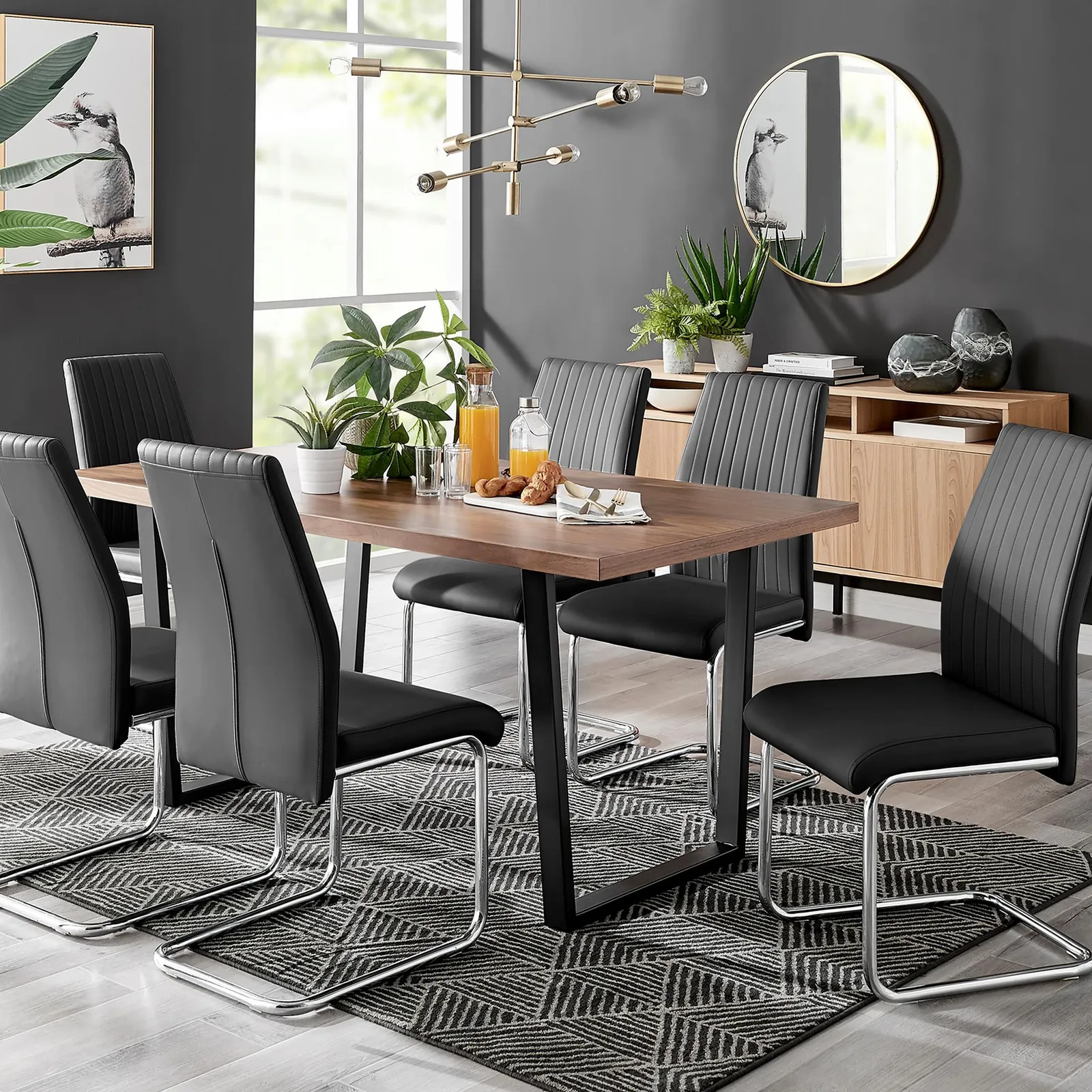 FurnitureboxUK Kylo Large Brown Wood Effect Dining Table & 6 Lorenzo Faux Leather Chairs in Black 1