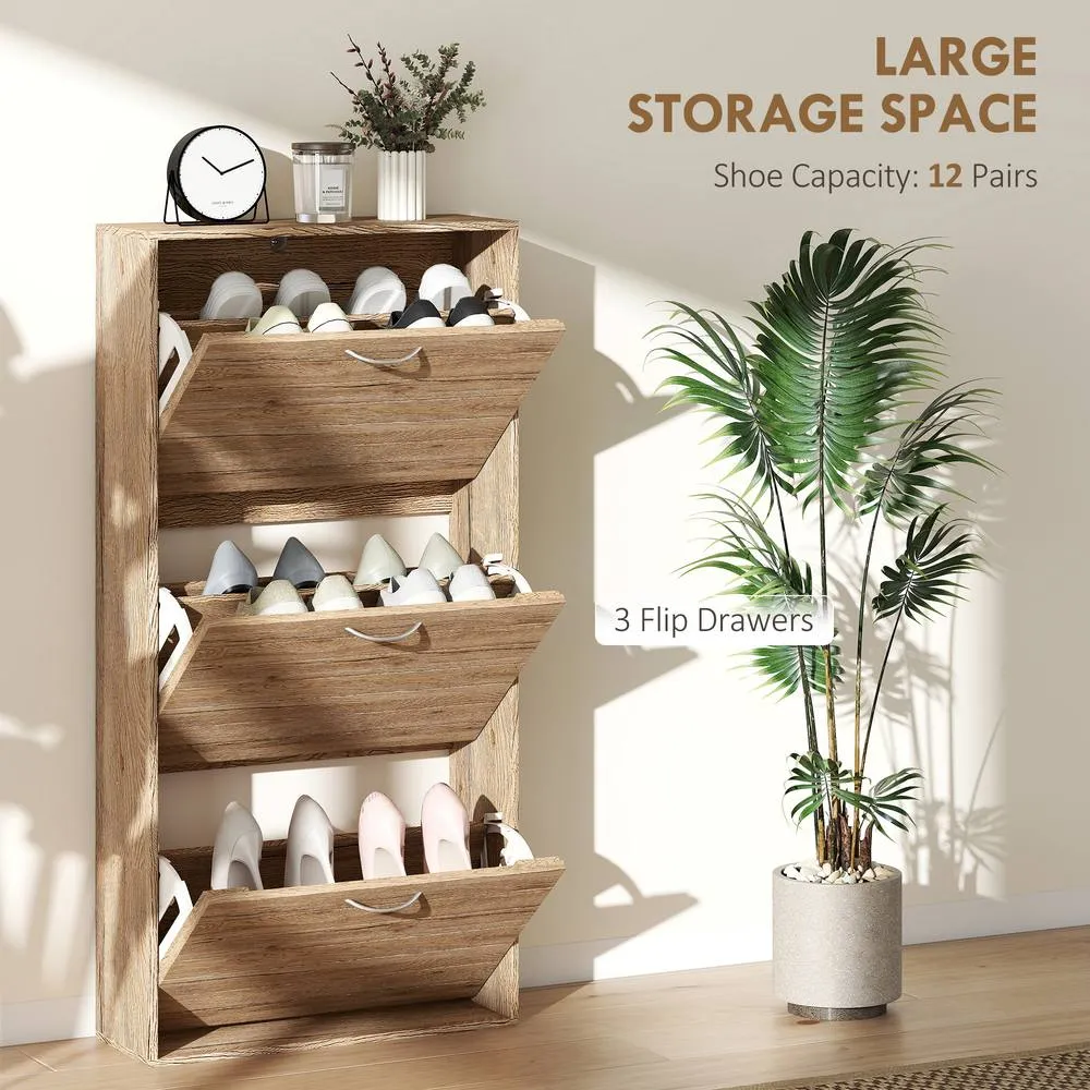 HOMCOM Slim Shoe Storage Cabinet with 3 Flip Drawers, Oak Wood Grain in Light Oak 4