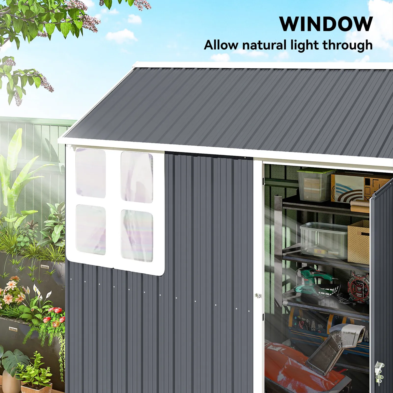 OUTSUNNY 7 x 6 ft Metal Garden Shed Outdoor Storage Shed with Doors Window Sloped Roof, Dark Grey 6