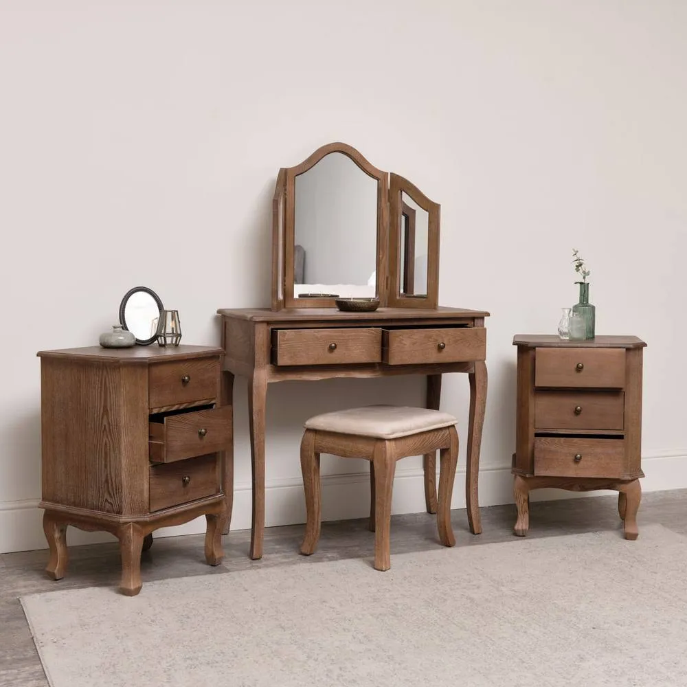 Melody Maison Dark Wood Dressing Table Desk With Triple Mirror, Stool & Pair Of Bedside Tables - Ashwell Range in Dark Brown 2