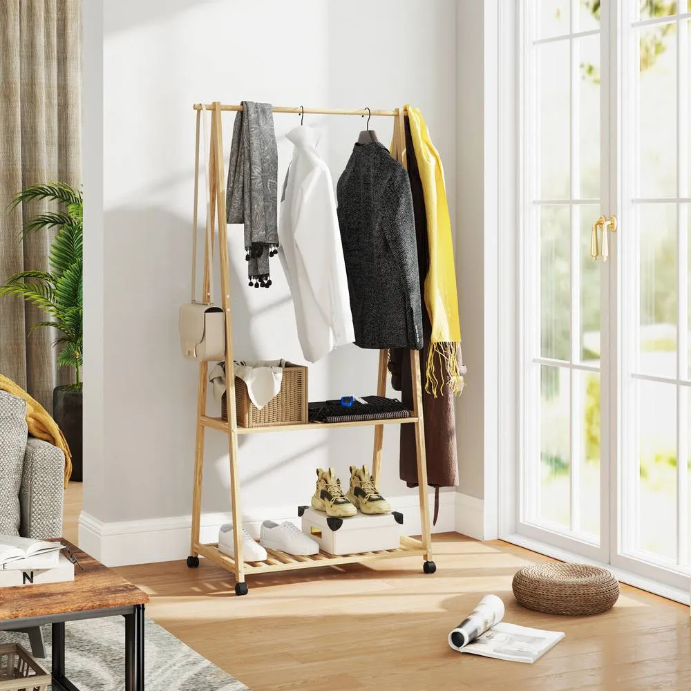 HOMCOM Bamboo Clothes Rail Rack with 2 Storage Shelves, Natural Wood Effect