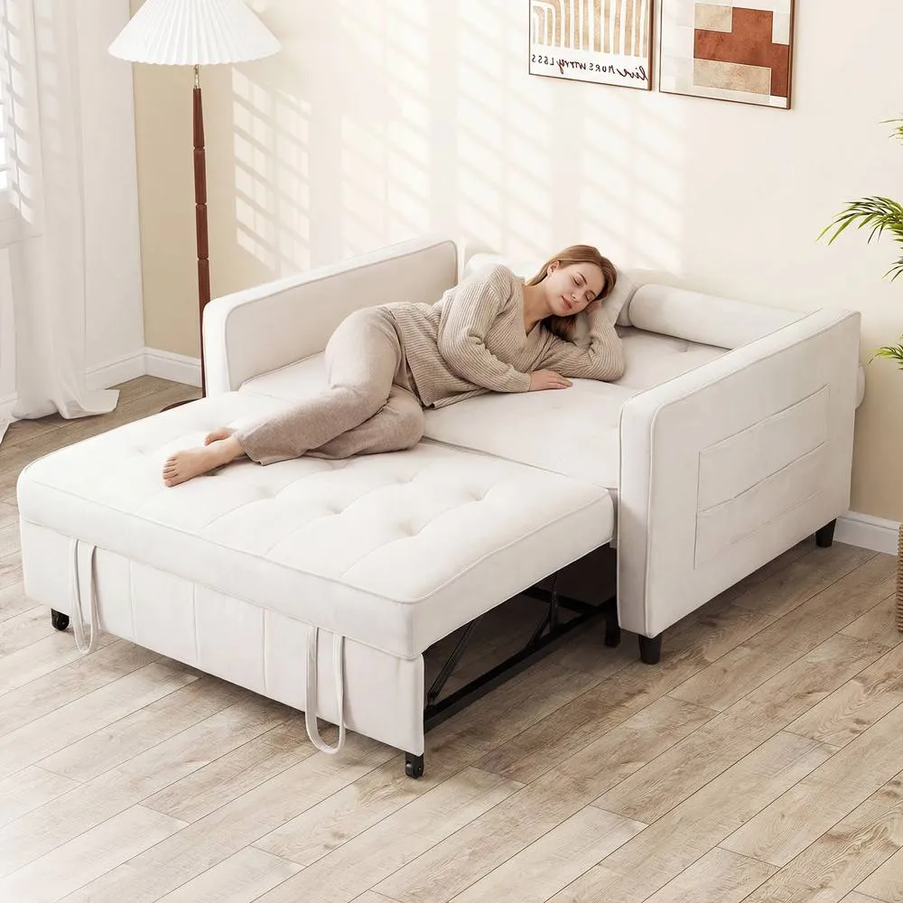 Costway 3-in-1 Convertible Sleeper Sofa Bed Pull Out Velvet Couch Bed-Beige in Beige 2