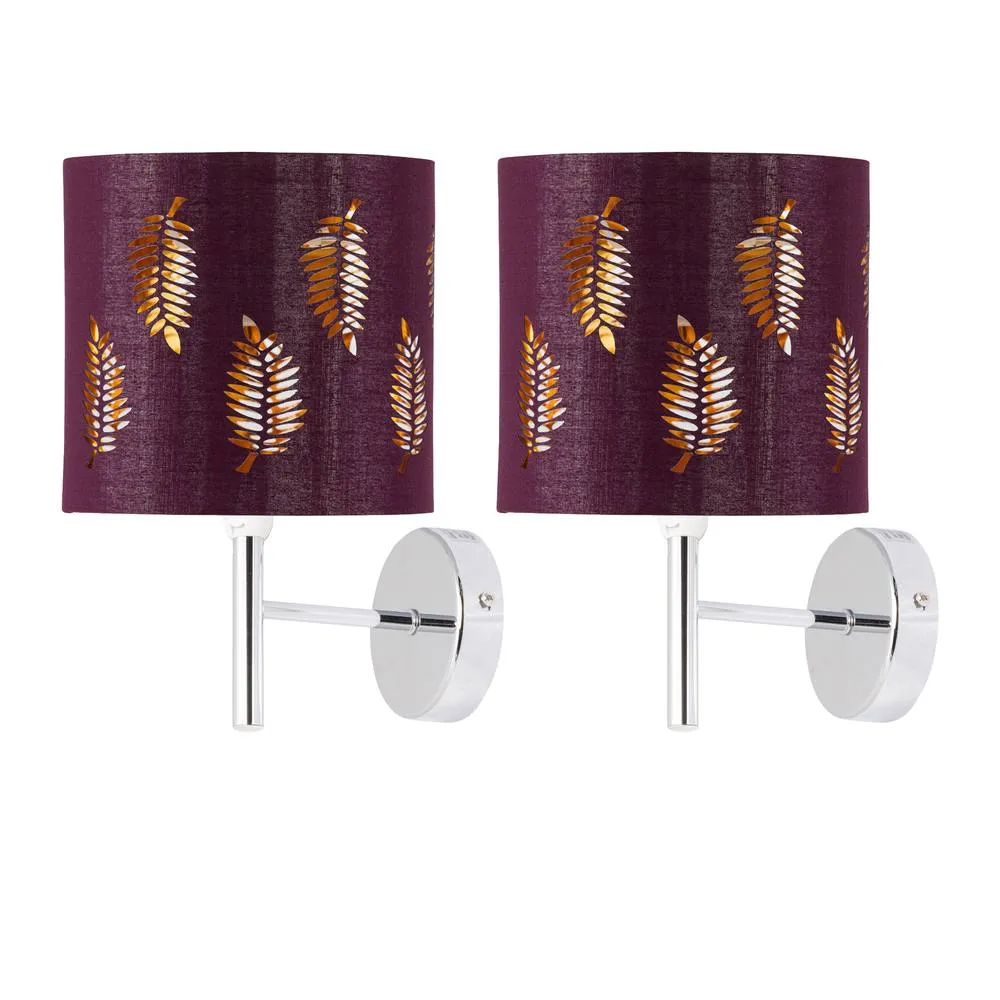 First Choice Lighting Set of 2 Brea - Chrome Wall Lights with Burgundy Fern Shades in Silver