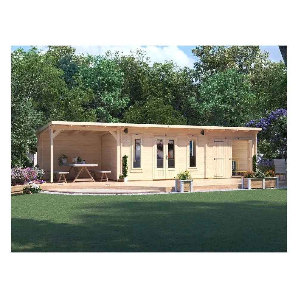 Dunster House Wooden Log Cabin With Gazebo 10.5m x 2.5m, EvilGenius in Beige 2