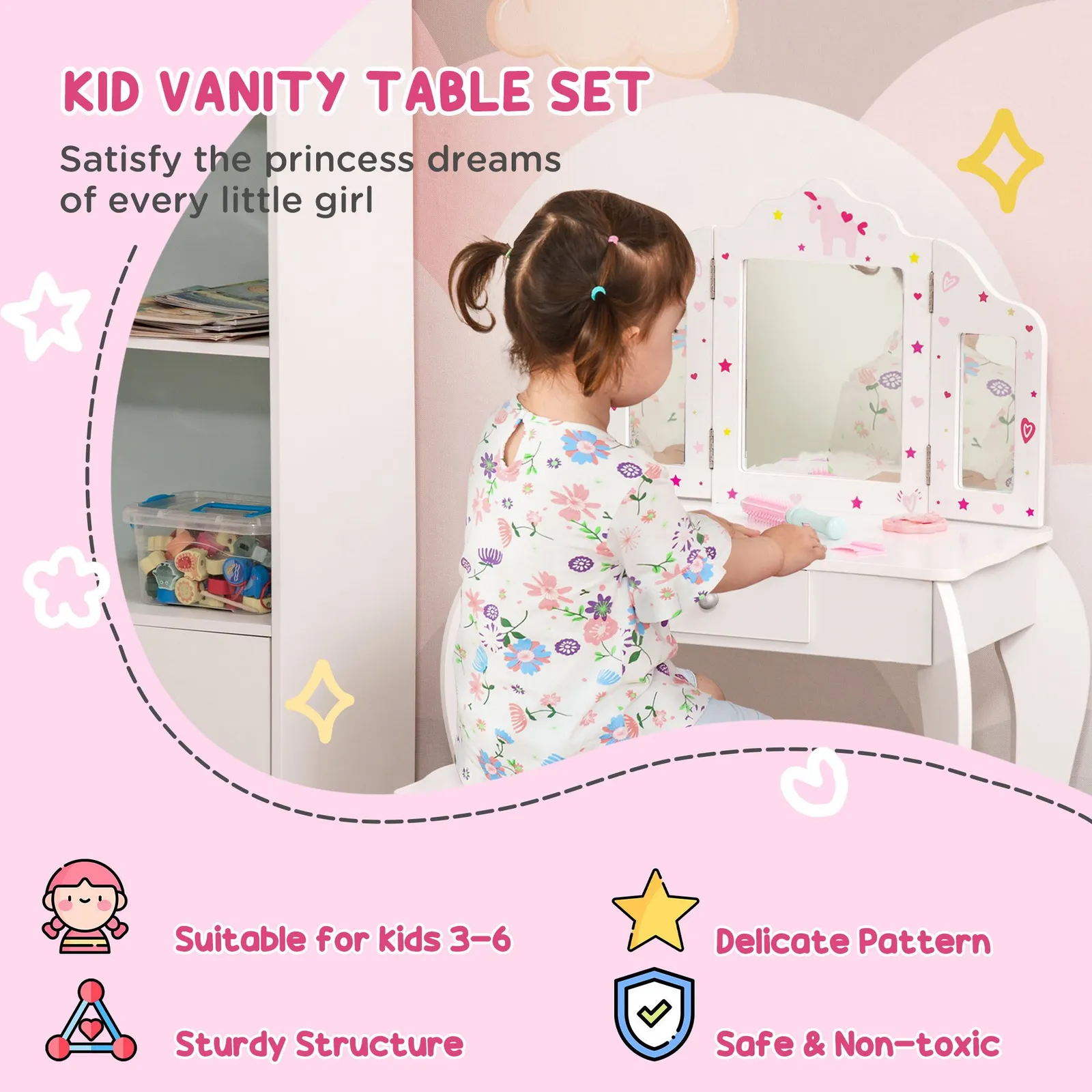 HOMCOM Makeup Dressing Table Set with Tri-Folding Mirror & Drawer in White 4