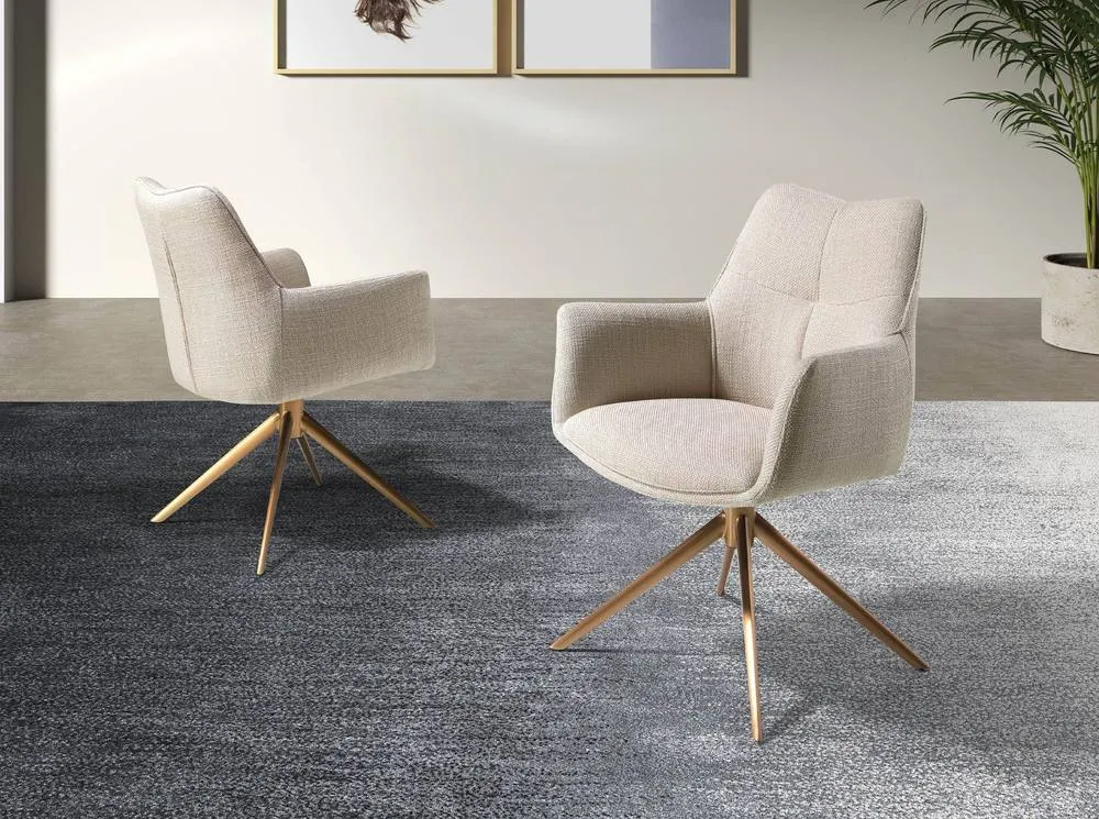 Angel Cerda Cream Fabric Swivel Dining Chair with Bronze Legs 3