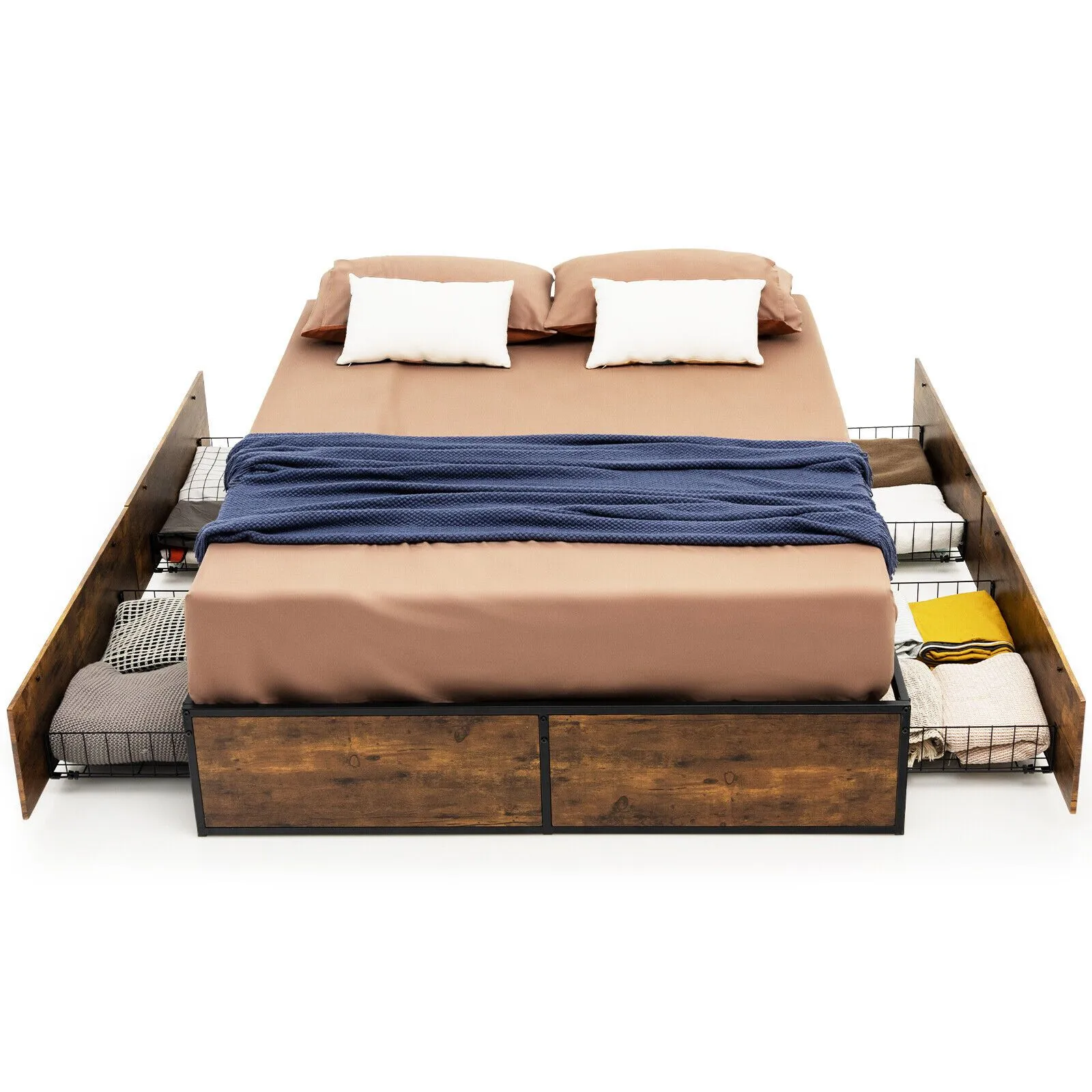 Costway Double Iron Bed Frame 4 Underbed Storage Drawers Platfrom Bed Slat Support Base in Brown 2