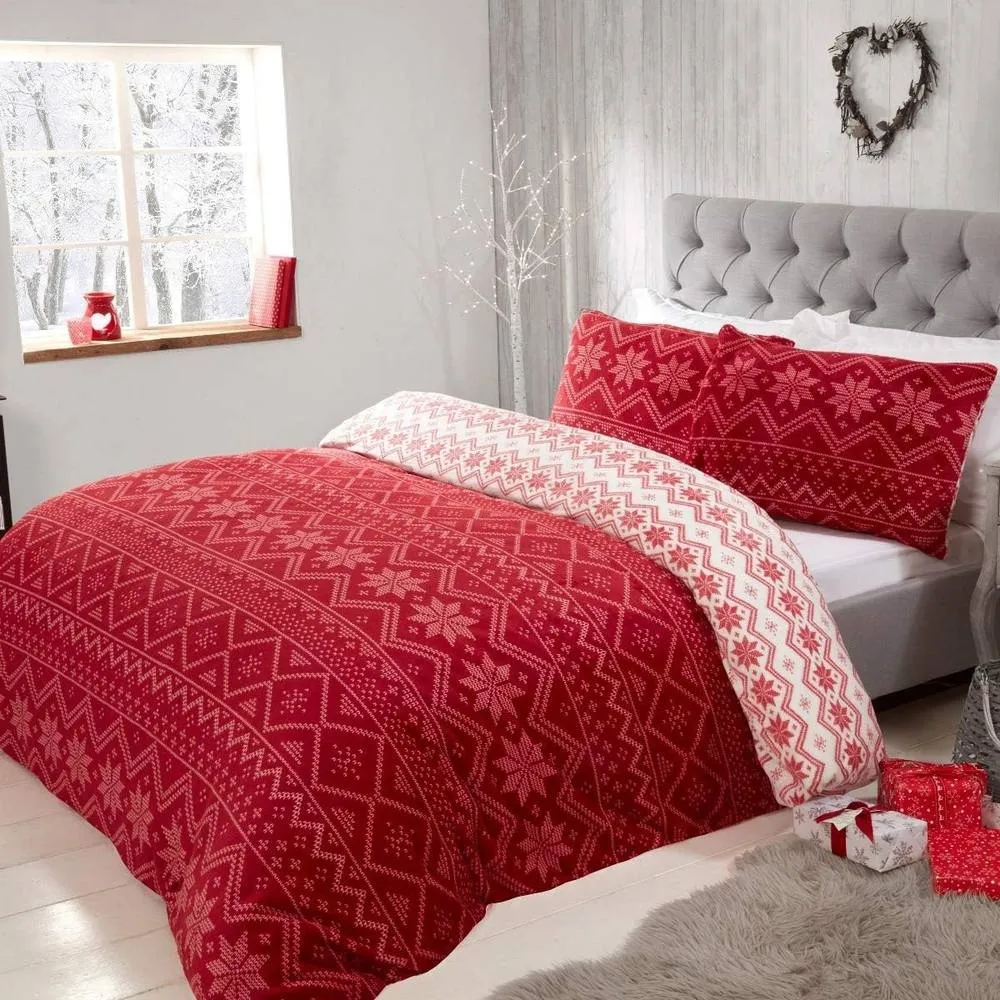 Smart Living Fairisle Flannel Fleece Reversible Duvet Cover with Pillowcases in Red 3