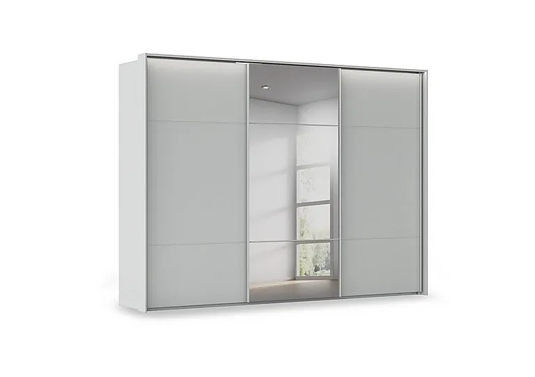 Haven 310cm 3 Door Slider Wardrobe with 2 Décor Doors, 1 Mirror Door and Lights - Silk Grey/Silk Grey Front