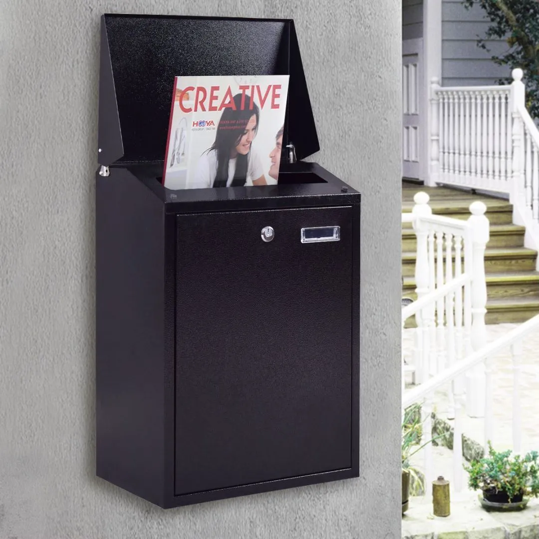 Costway Wall Mounted Outdoor Large Lockable Mailbox Steel Locking Home Letter Post Box in Black 2