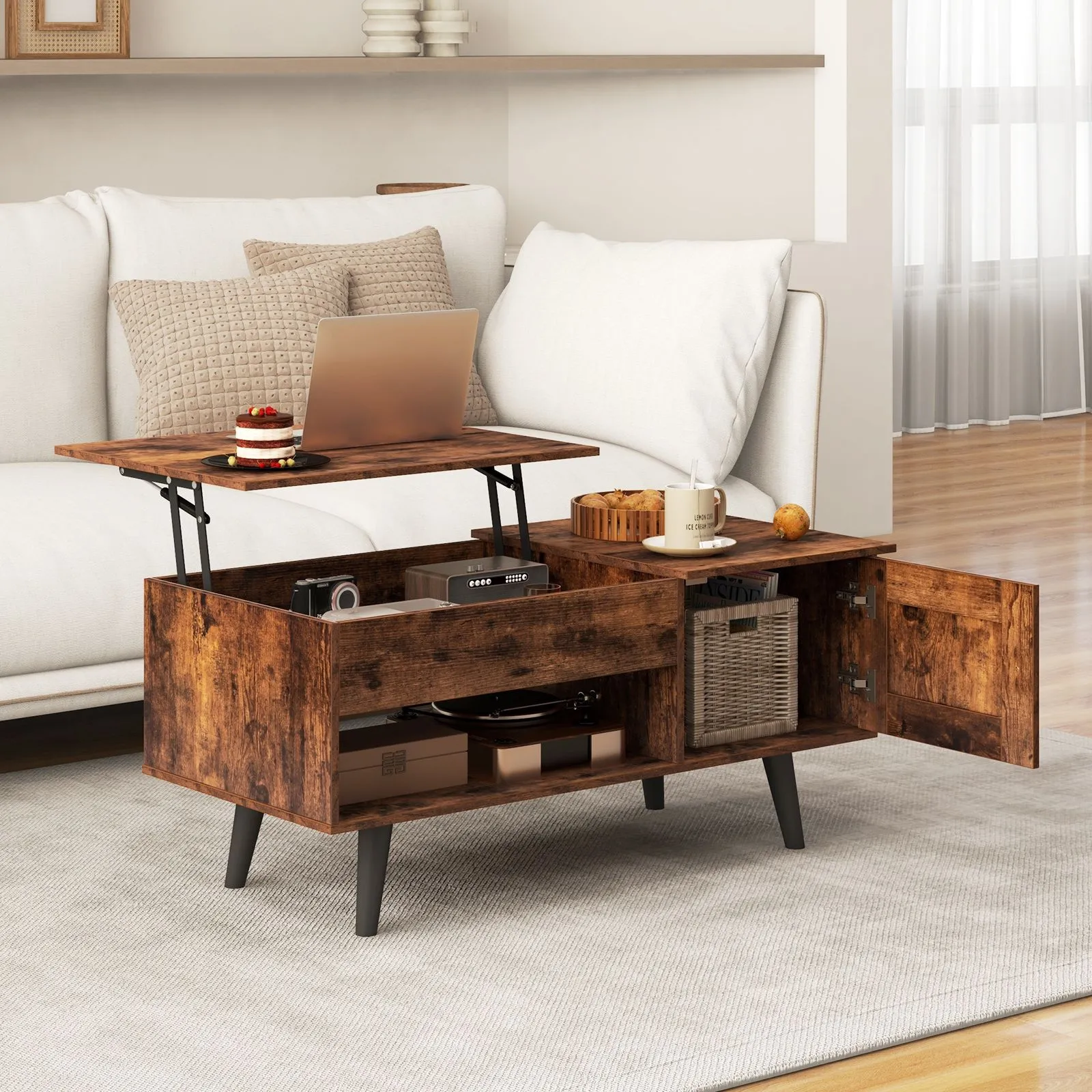 Costway Lift Top Coffee Table Pull up Coffee Table w/ Storage in Brown