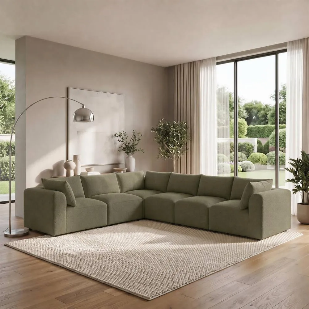 FurnitureboxUK Drift Boucle Fabric 5 Seater L-Shaped Modular Corner Sofa in Green
