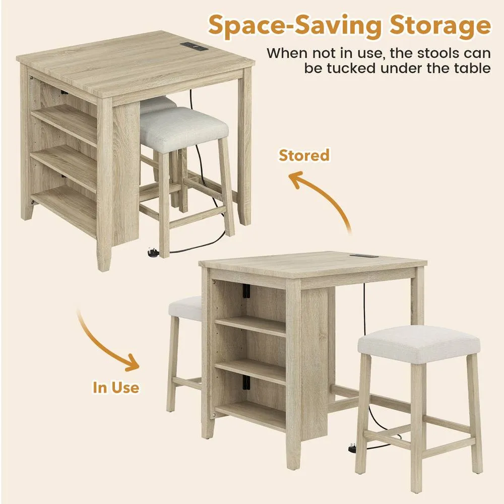 Costway 3PCS Bar Table Set Kitchen Dining Table w/ 2 Stools & Power Outlet 6